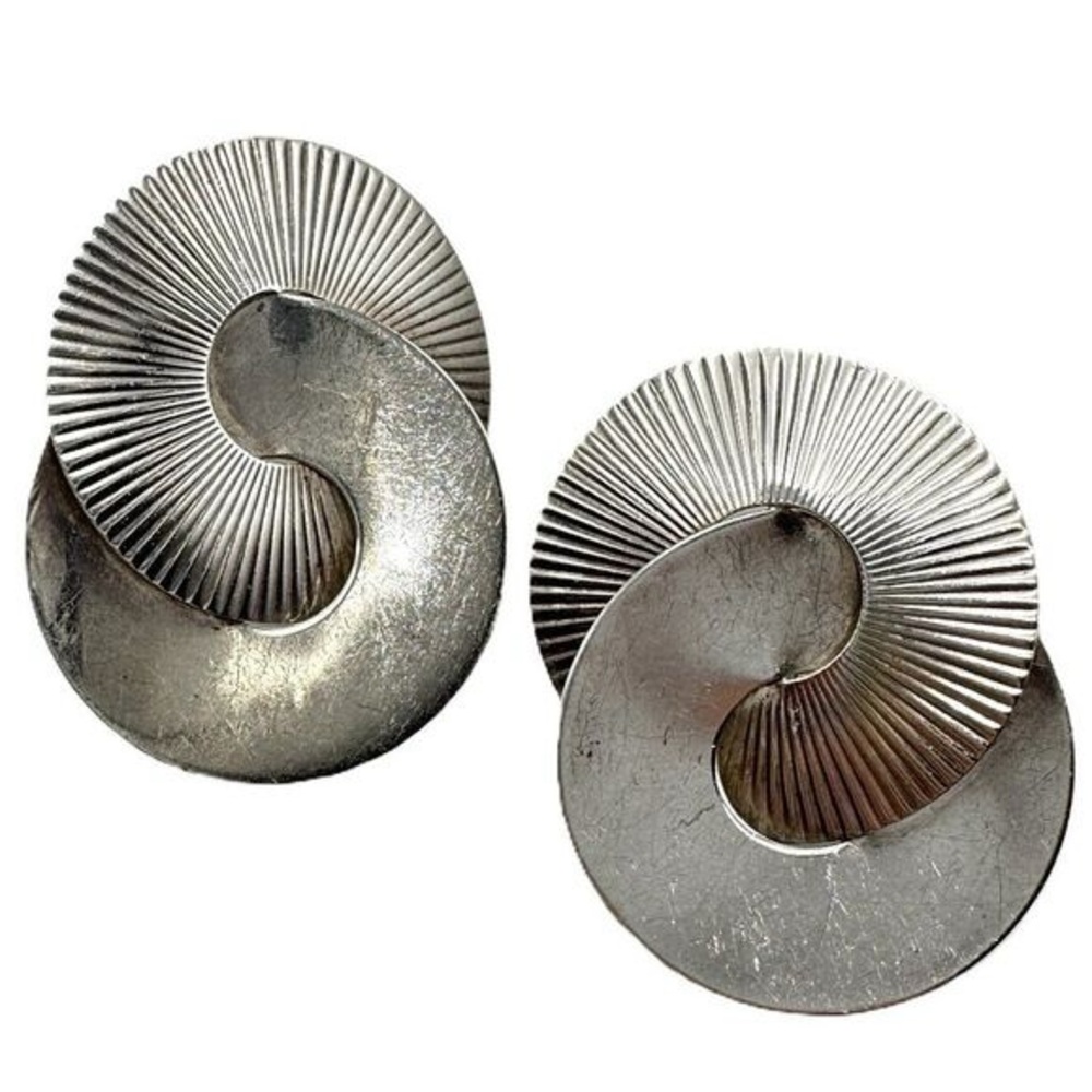Vintage Modernist Double Cirlce Sterling Silver Statement Earrings Signed EDI